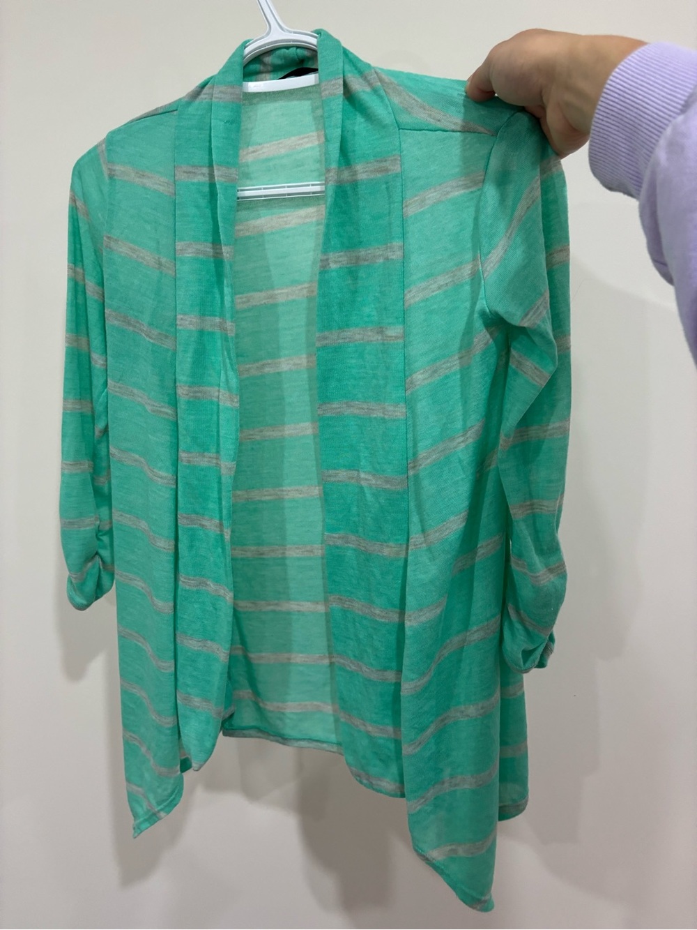 Open-Front Mint Green Striped Cardigan